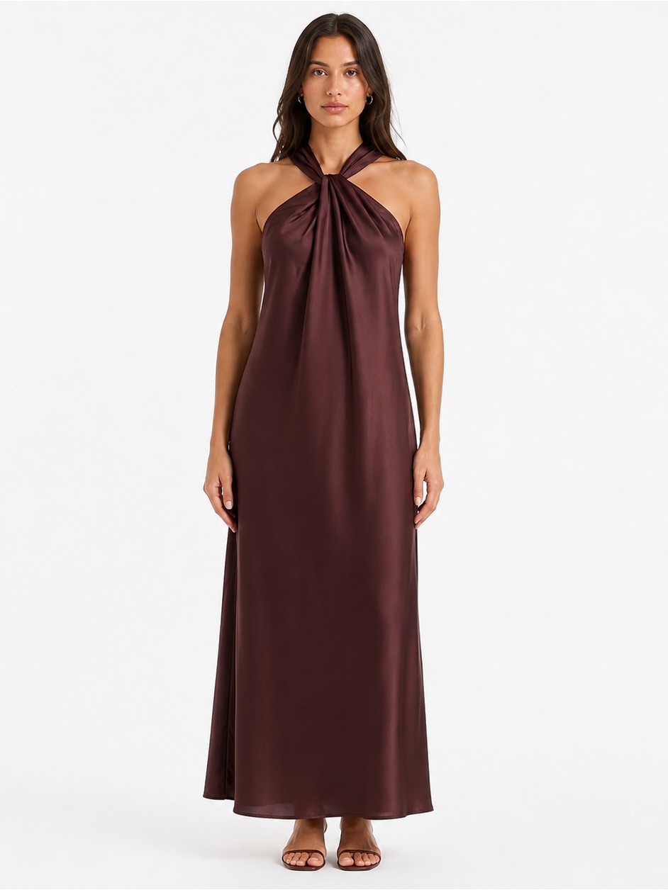 A New Day Oxford Brown Satin Halter Maxi Dress Size Small Nwt Y2k Minimalist